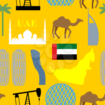 Seamless pattern United Arab Emirates. Desert and camels and palm trees and skyscrapers. UAE symbol. Vector background.