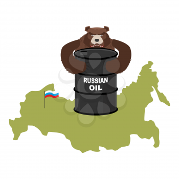 Barrel of oil on background maps of Russia. Flag of Russian Federation. Bear hugs a barrel of oil. Vector illustration.
