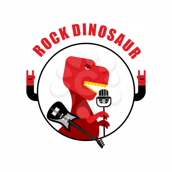 Rock dinosaur emblem for old rock musicians. Tyrannosaurus is singing song in vintage microphone. Jurassic beast with an electric guitar. Ancient Creeper in manner of rock musician.