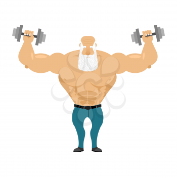 Old Santa trains with free weights. Old man with a grizzled beard makes weight training exercises. Old bodybuilder in jeans. Healthy lifestyle for seniors. Morning exercises for seniors.