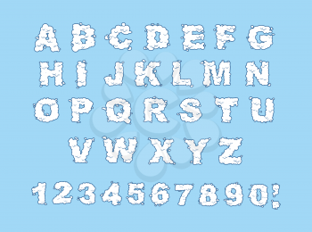 Cloud alphabet. Cloud letters and numbers. White cloud font. Blue sky background. Set of letters and numbers