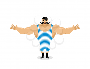 Happy Retro sportsman spread his arms in an embrace. Good natured Strong circus performer. Ancient bodybuilder with mustache. Cute vintage good athlete
