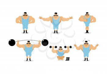 Strong retro athlete set poses. Ancient bodybuilder with mustache emotions. Sportsman in striped suit, and good evil. Sad and happy Strong circus performer. Aggressive and surprised
