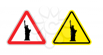 Warning sign of attention Statue of Liberty. Dangers yellow sign.  America symbol on red triangle. Set of road signs
