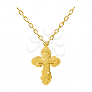 Golden cross necklace on chain of gold jewelry. crucifix Orthodox symbol of expensive jewelry. Christian and Catholic Accessory precious yellow metal. Fashionable Luxury treasure