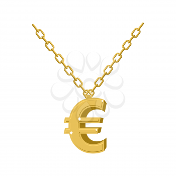 Gold euro sign on chain. Decoration for rap artists. Accessory of precious yellow metal to hip hop musicians.

