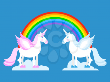 Unicorn and Rainbow. Two cute fantasy creatures in clouds. Fabulous beast with horn in his forehead. Pink and blue mythic animal. LGBT symbol
