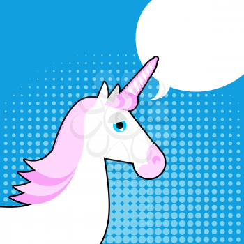 Unicorn in pop art style. White fantastic animal with a horn in his forehead. Pink mane. Bubble for text. Mythical creature cute
