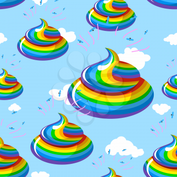 Unicorn shit seamless pattern. Turd color rainbow background. Multicolored cal fantastic animal ornament. Mythical creature manure, poop and clouds
