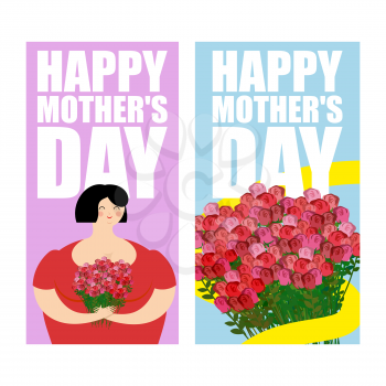 Happy Mothers Day greeting card set. large bouquet of red roses with yellow ribbon. Lovely woman and  lot of flowers as gift. Collection of posters for holiday
