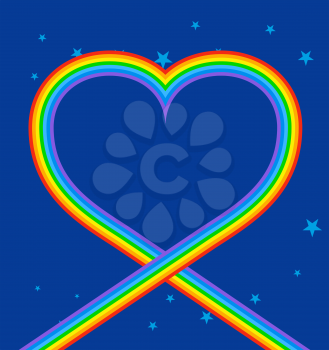 Heart of rainbow in sky. LGBT symbol of love. Blue skies and stars. Frame of heart