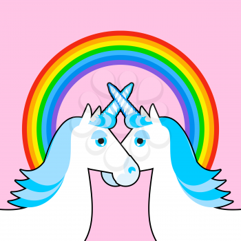 Blue unicorn and rainbow. Symbol of  LGBT community. Fantastic animal gay character. Pink sky and mythical creature
