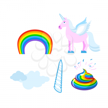 Fantastic set of unicorn. Pink fabulous beast with wings. Blue mane. Unicorn Horn. Rainbow and clouds. Rosaceae shit, turd mythical creature

