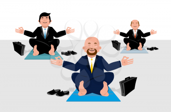 Business yoga for corporate office workers. Businessmen sitting in lotus position and meditate on wealth. Enlightening managers. Yoga mat. Office yogi
