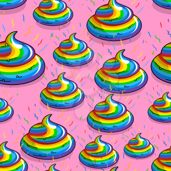 Turd unicorn seamless pattern. Shit color ornament rainbow. Multicolored cal fantastic animal background. Mythical creature Dung. Rainbow Poop on pink background
