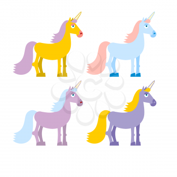 Set of colored unicorn. Pink fantasy beast. Blue fairy creature with purple mane. Purple mythical animal with horn on his head
