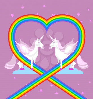 Pink unicorn on purple sky. Heart of rainbow. LGBT characters. Fantastic animal with wings. fabulous beast with horn in his forehead
