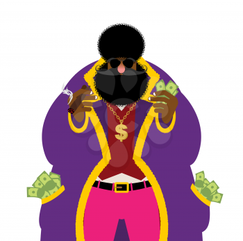 Pimp and money. Pocket full of cash. Bright clothing and cigar. Gold dollar chain jewelry. Cool black guy
