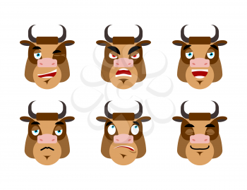 Emotions cow. Set expressions avatar bull. Good and evil. Discouraged and cheerful. Face Farm Animals