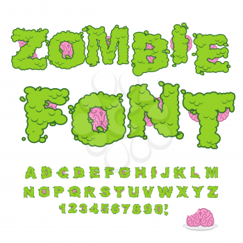Zombie font. Scary Green letters and brain. Horrible Halloween Alphabet.  ABC of Walking Dead
