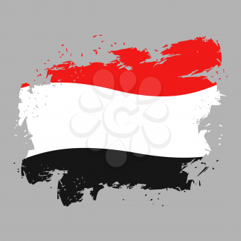 Yemen flag grunge style on gray background. Brush strokes and ink splatter. National symbol of Yemeni government
