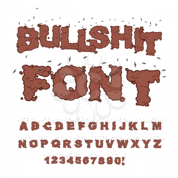 Bullshit font. Alphabet of poop with flies. Shit alphabet and insects. Bad smell text
