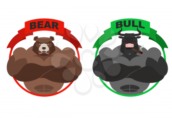 Bear and bull. Strong bear. Bull with horns on white background. Metaphor for  players on Exchange. Traders of bulls and bears. Angry animal. Wild bear and bull farm
