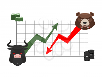 bull and bear finance. Rise and fall of quotations. Players on Exchange. Business chart, dollar and oil barrel. bulls  green up arrow. Bear red down arrow
