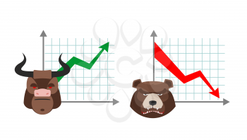 Bull business graph. Growing up green arrow. Bear business schedule. Drop quotes down red arrow. Players on the Exchange. Bulls and bears traders on stock exchange
