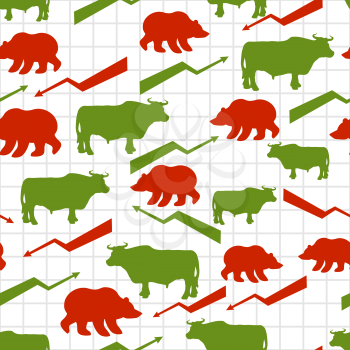 Bulls and bears seamless pattern. Exchange traders. Red up arrow. Green down arrow. Texture for business fabric. Grid business graph. Raising and lowering rates
