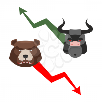 Bull and bear. Traders allegory. Green up arrow-increase shares. Red down arrow drop quotes. Angry bear and a ferocious Bull. Set of icons for Exchange players
