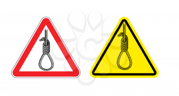 Warning sign attention Hangman. Hazard yellow sign the death penalty. Hangmans noose on red triangle. Sign hanging.Danger of hanging.. Thick rope loop road signs
