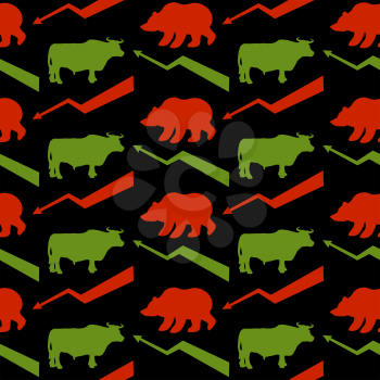 Bulls and bears traders seamless pattern. Green Red Bull and bear. Rise and fall of course. Green arrow up. Red arrow down. Texture for Exchange fabric. Business background
