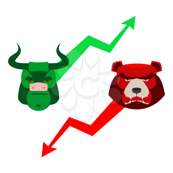 Green Red Bull and bear. Traders at stock exchange. Business allegory. Fall and rise of quotations. Green and red arrow. Character set for business infographics