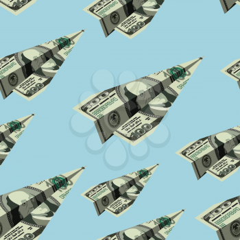 Aircraft dollars seamless pattern. Money banknote paper airplane background. Financial ornament