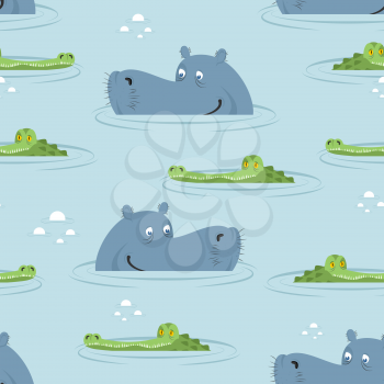 Hippo and crocodile in water seamless pattern. Good hippopotamus and alligator in swamp texture. Ornament for baby cloth. African animal ornament