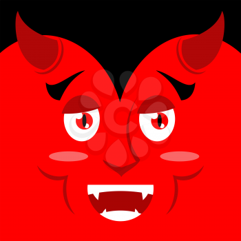 Cartoon kind good devil face on red background. Joy of Satan emotion. Optimistic demon with big smile. Cheerful Holiday Diablo