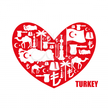 I love Turkey. Sign heart of traditional Turkish folk characters. Map and flag of country. Turk and Turkish Liras Symbol. Camels and palm trees. Fez and hookah. Turkish National Patriotic emblem.