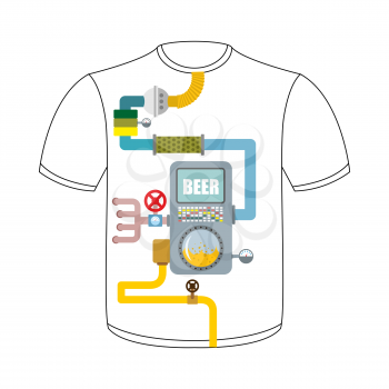 Digestive tract of beer lover. larynx, alcohol tank. Filter and valve. Pipes and drainage. T-shirt with print processing of an alcoholic beverage