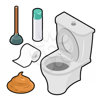 Toilet icon set Isometric. White toilet. Green rubber plunger. Roll of toilet paper. Bottle of air freshener. Turd, brown poop piece of shit. WS sign