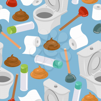 Toilet seamless pattern. Toilet and plunger. Shit and toilet paper. Background washroom accessories. Turd and air freshener ornament.  