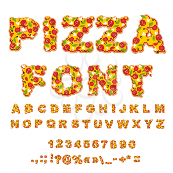 Pizza font. Letters dough. Food Alphabet. Fast food ABC. Italian food. fresh slice of pizza. numbers and punctuation marks. Tomatoes and mushrooms. Greens and sausage. Cheese and olives
