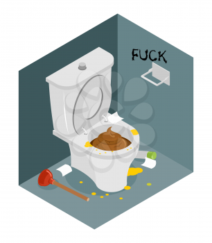 Dirty toilet isometrics. Stained toilet and plunger. Broken air freshener. Interior unharvested restroom. Shit in toilet bowl. Puddle of urine. Toilet paper on floor.  location in   toilet

