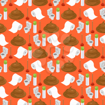 Toilet background. Shit and toilet seamless pattern. Plunger and  roll of toilet paper ornament. Accessories for lavatory
