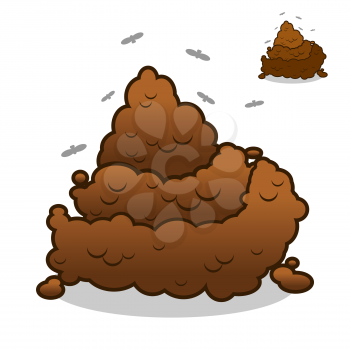 Shit and flies. Poop. Pile of Crap on white background. Turd isolated. Brown excrement. Smelly dog ​​feces.
