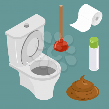 Restroom icon set. White toilet bowl. Spray air freshener. Red rubber plunger. Roll of toilet paper. Pile of shit, turd
