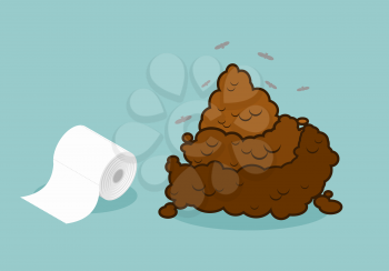 Shit and roll of toilet paper. Brown turd and paper product used in sanitary and hygienic purposes. Poop