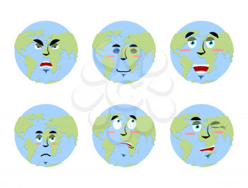 Earth emotions Set. Planet with cartoon face. Cheerful and angry globe. Surprise and sadness planet. Sleepy world. Collection of planet earth emoticons. Planet of solar system on white background
