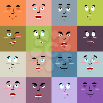 Cartoon faces emoji seamless pattern. Set texture of emotions. Cheerful personality and sad person ornament
