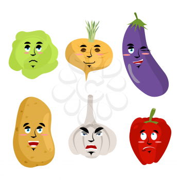 Set of vegetables with emotions. Cheesy Potatoes. Angry garlic. Surprised red pepper. Sad cabbage. Sleepy turnips. Collection of fruits with faces emoticons on white background
